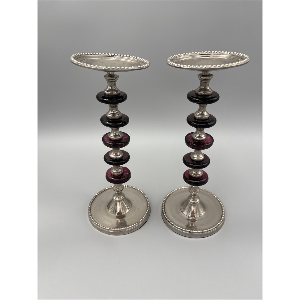 Pillar Candle Holder Set of 2 Made In India Metal Glass Beaded Design Vintage - Picture 6 of 16